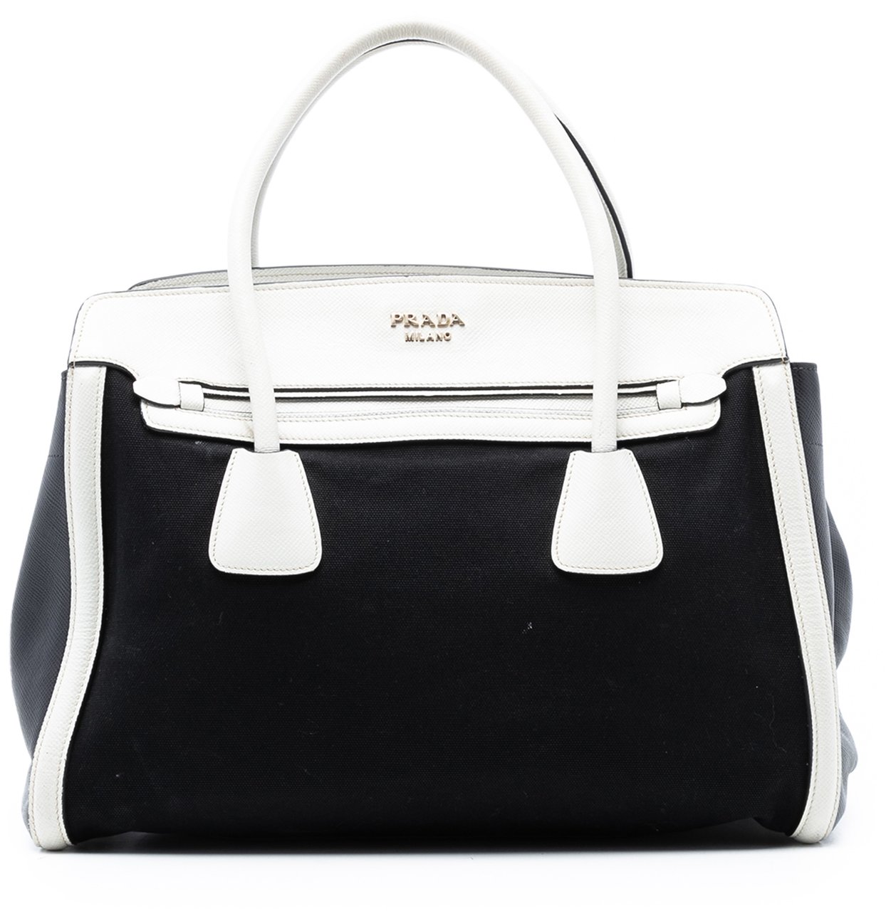Prada Bicolor Saffiano Trimmed Canvas Satchel Zwart