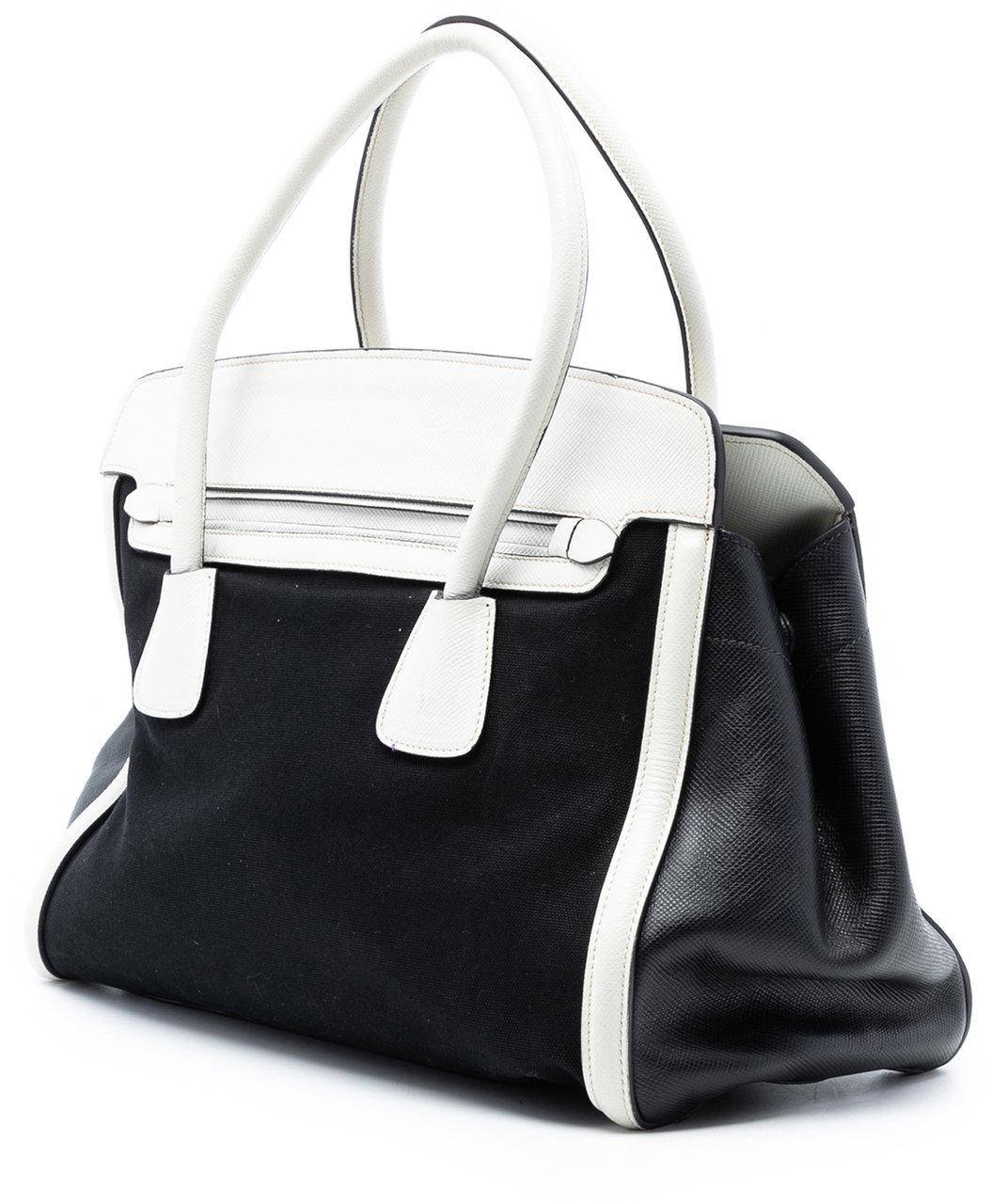 Prada Bicolor Saffiano Trimmed Canvas Satchel Zwart