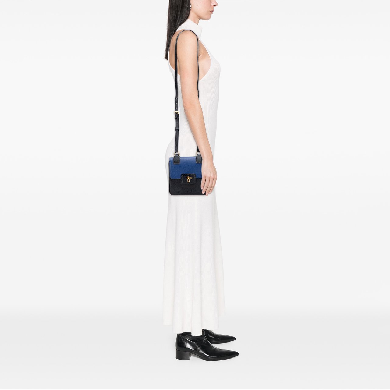 Prada Bicolor Saffiano Cuir Flap Crossbody Zwart