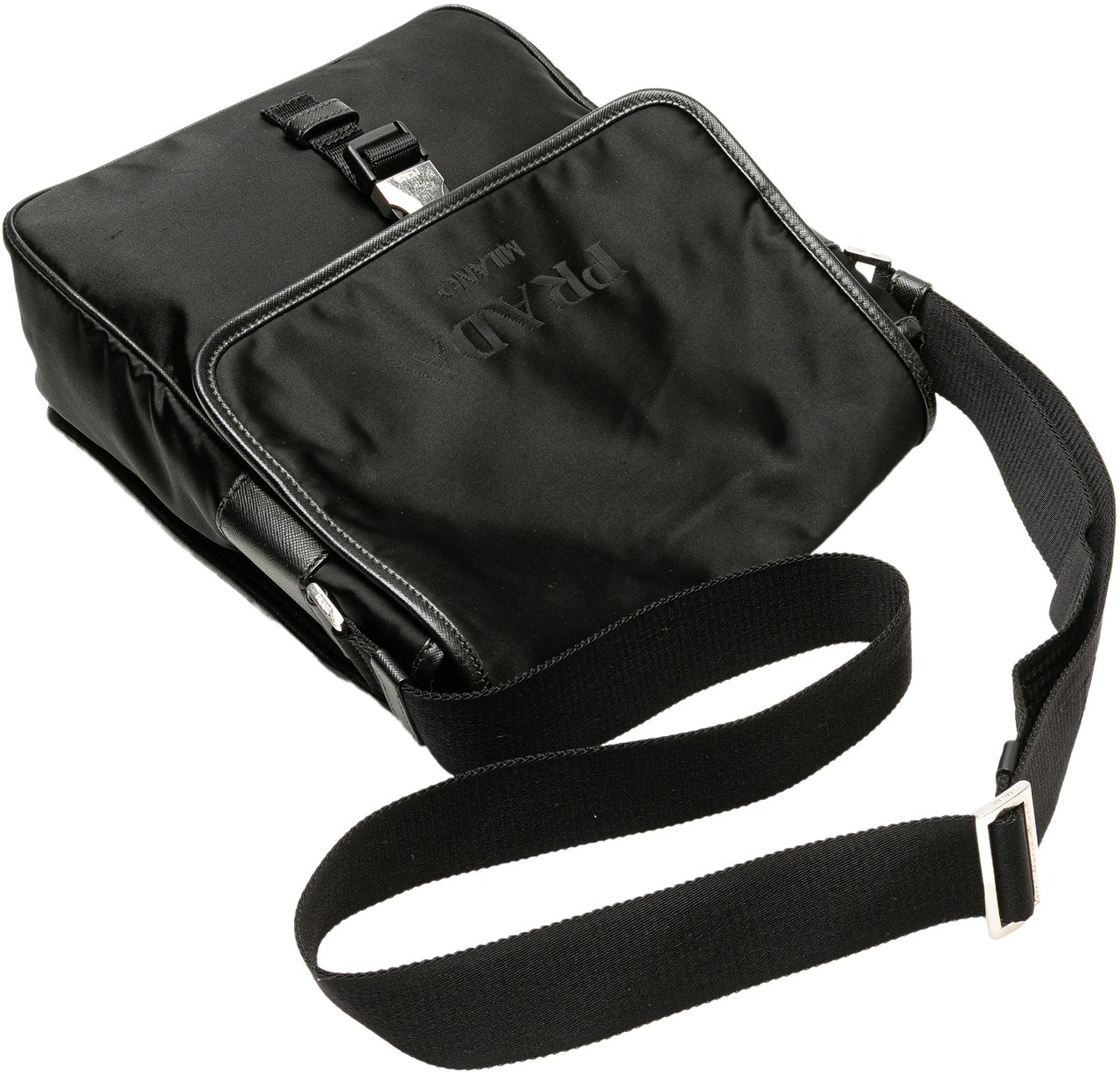 Prada Tessuto Buckle Messenger Bag Zwart