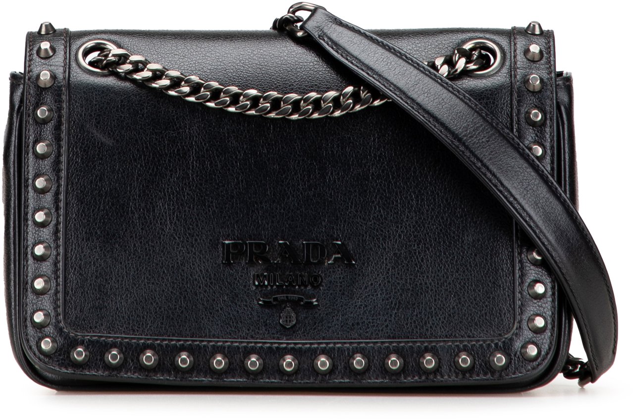 Prada Small Studded Glace Calf Chain Flap Zwart