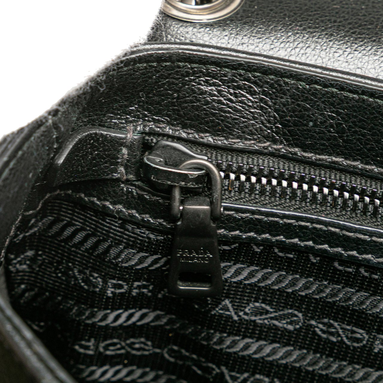 Prada Small Studded Glace Calf Chain Flap Zwart