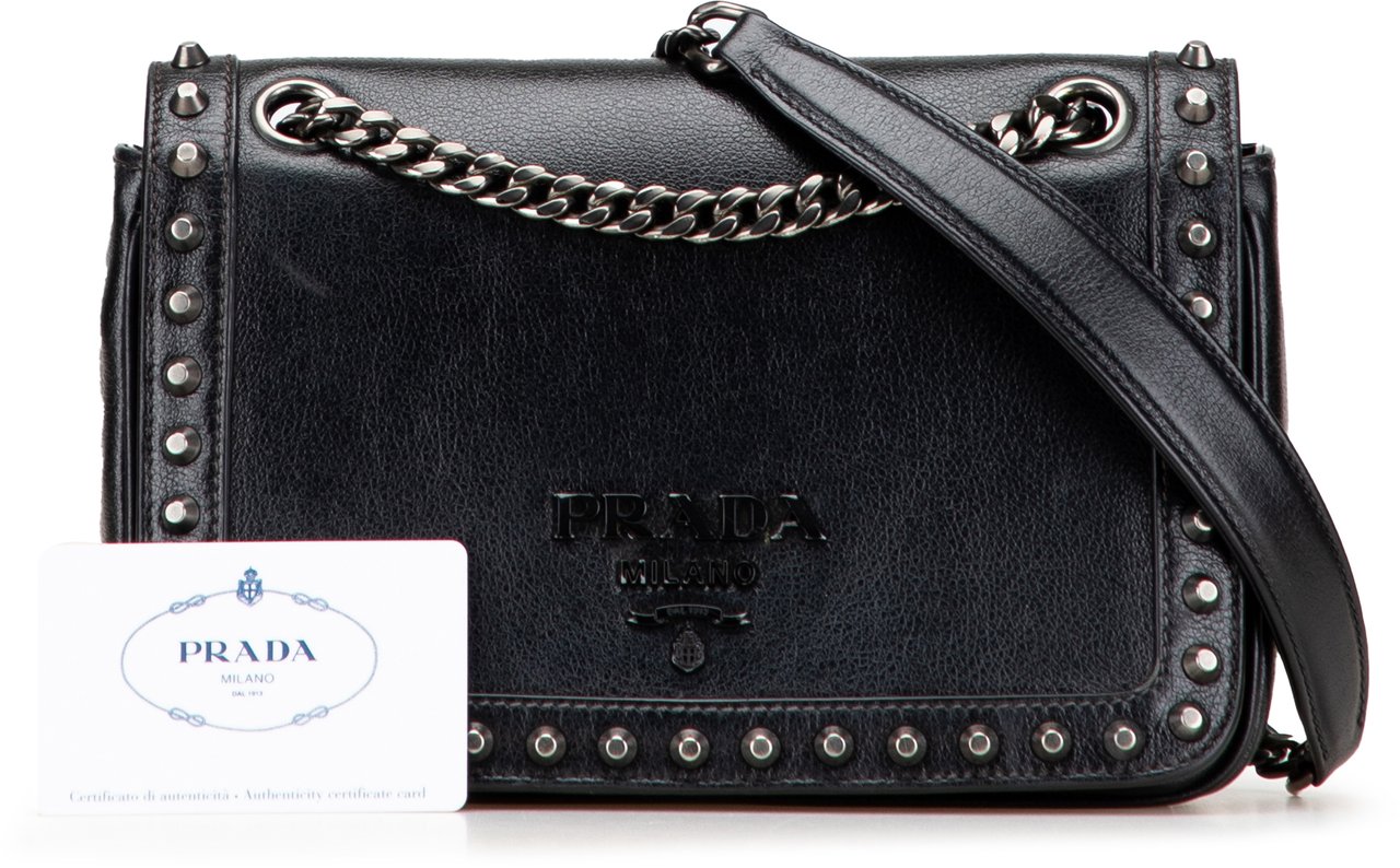 Prada Small Studded Glace Calf Chain Flap Zwart