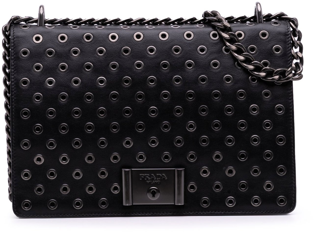 Prada Soft Calf Grommet Lock Flap Chain Crossbody Zwart