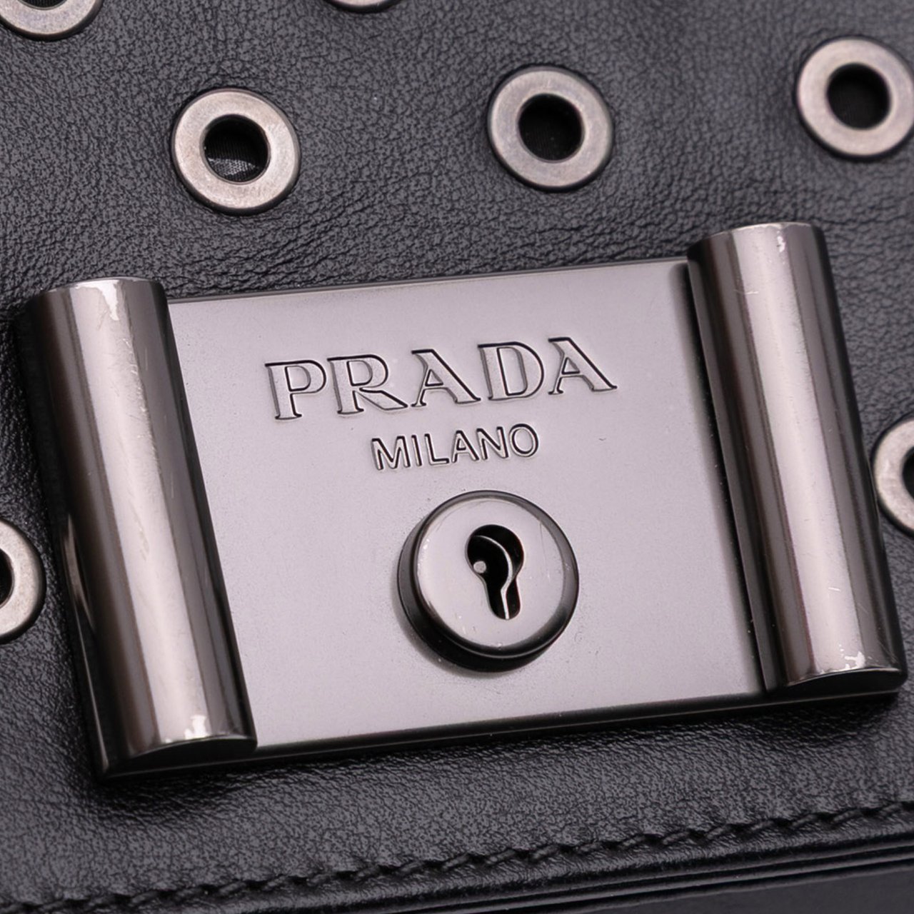 Prada Soft Calf Grommet Lock Flap Chain Crossbody Zwart