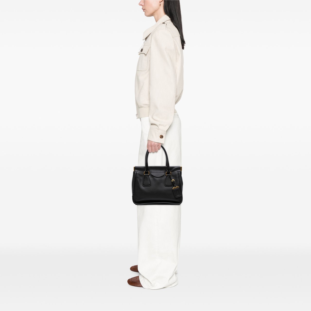 Prada Saffiano Lucido Top Handle Frame Tote Zwart