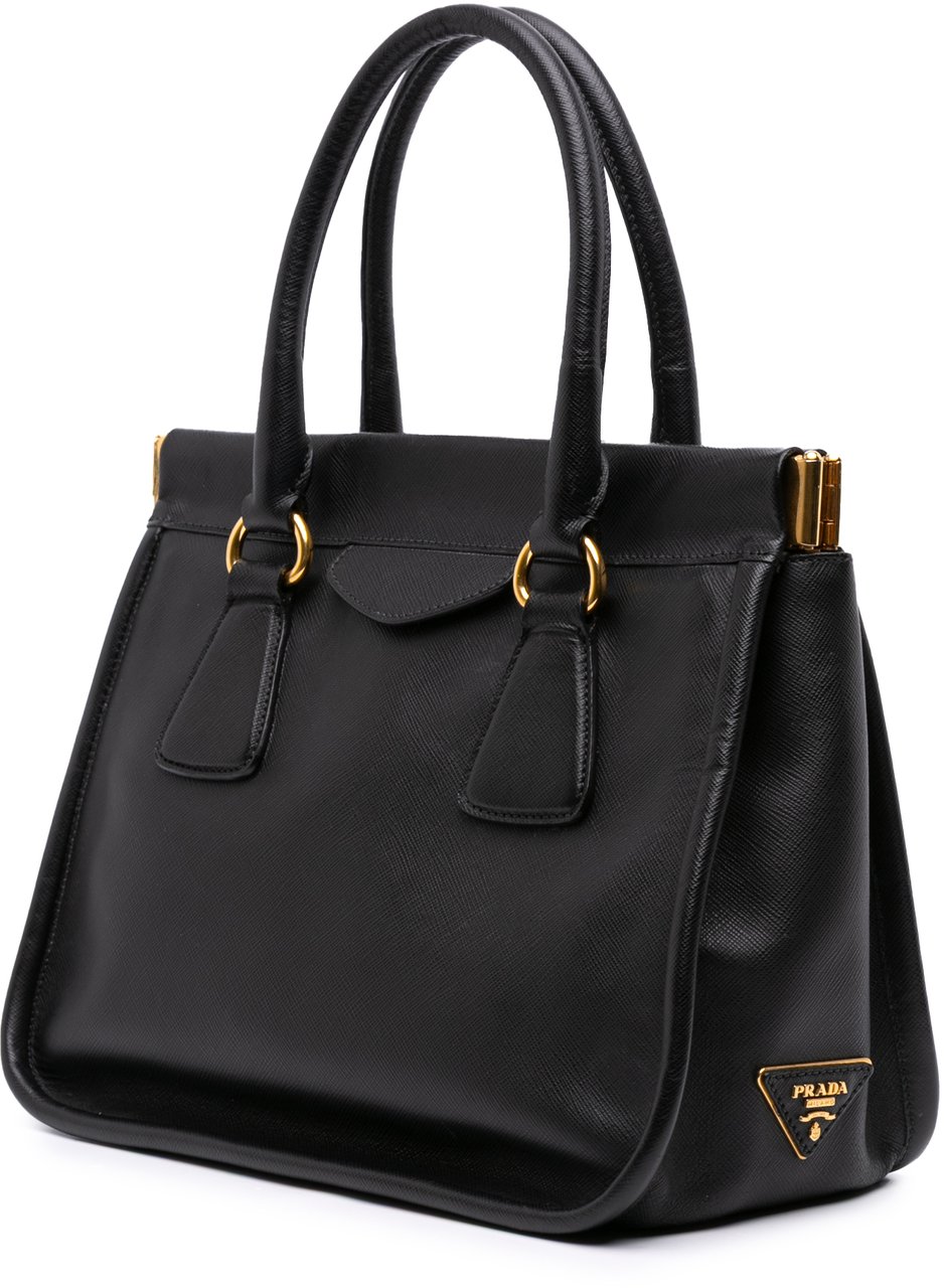 Prada Saffiano Lucido Top Handle Frame Tote Zwart