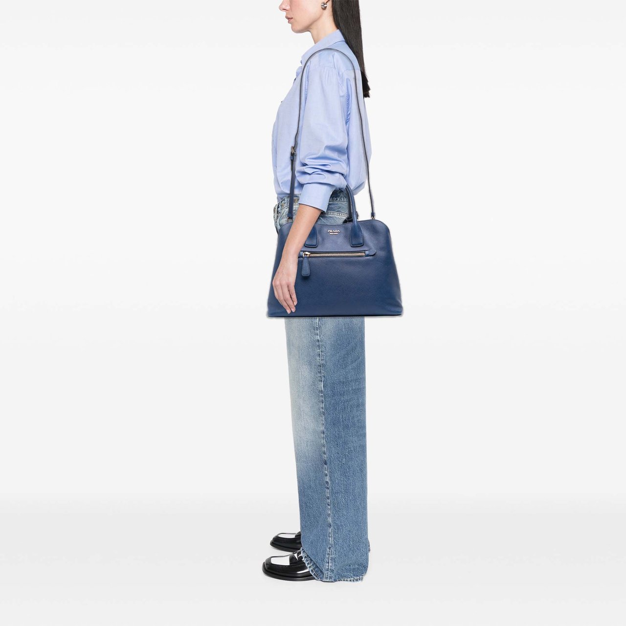 Prada Saffiano Cuir Open Promenade Satchel Blauw