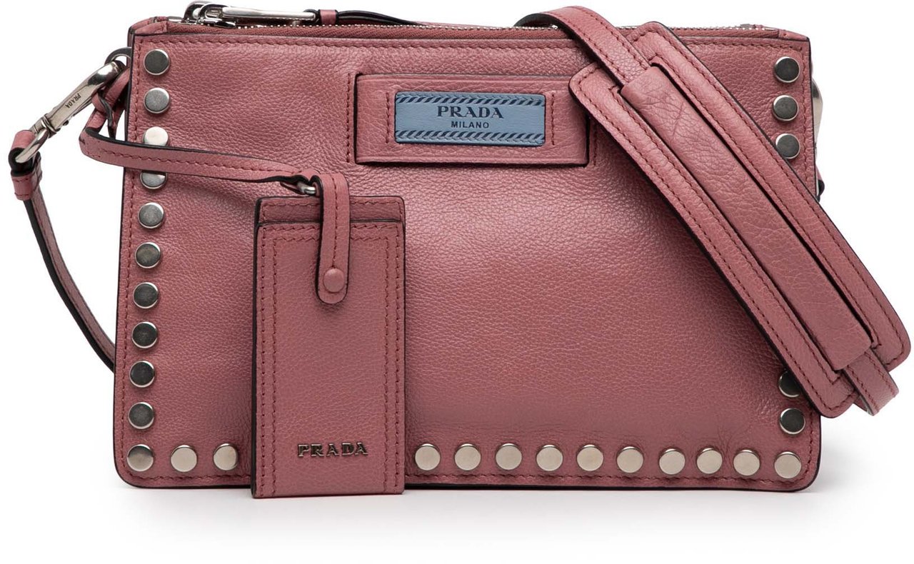 Prada Glace Calf Studded Etiquette Crossbody Roze