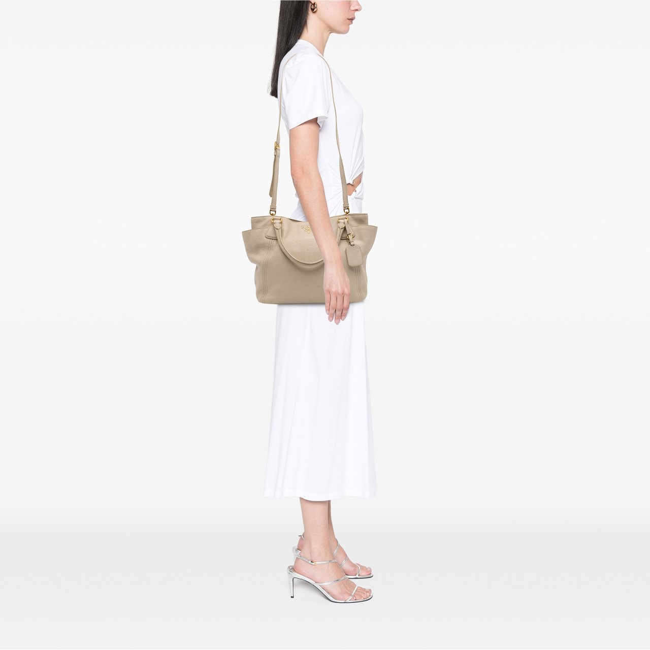 Prada Vitello Daino Side Pocket Convertible Tote Bruin