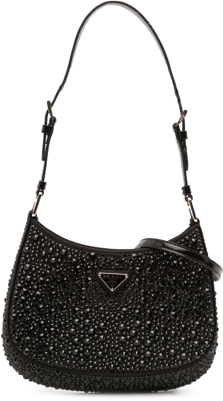 Prada Crystal Embellished Satin Cleo Shoulder Bag Zwart