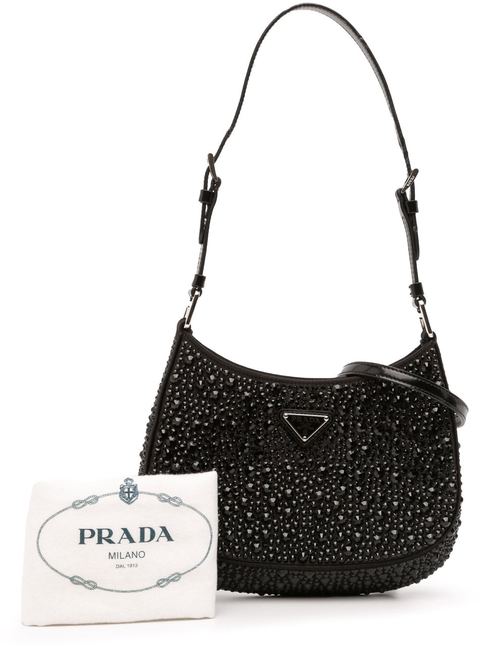 Prada Crystal Embellished Satin Cleo Shoulder Bag Zwart
