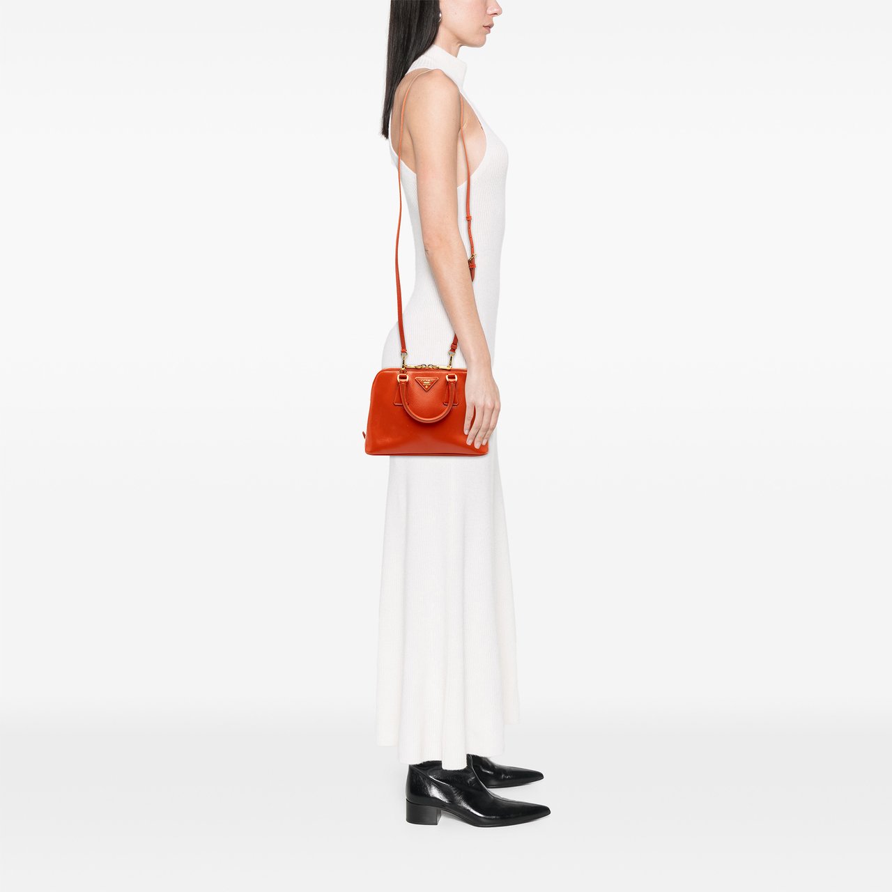 Prada Small Saffiano Vernice Promenade Satchel Oranje