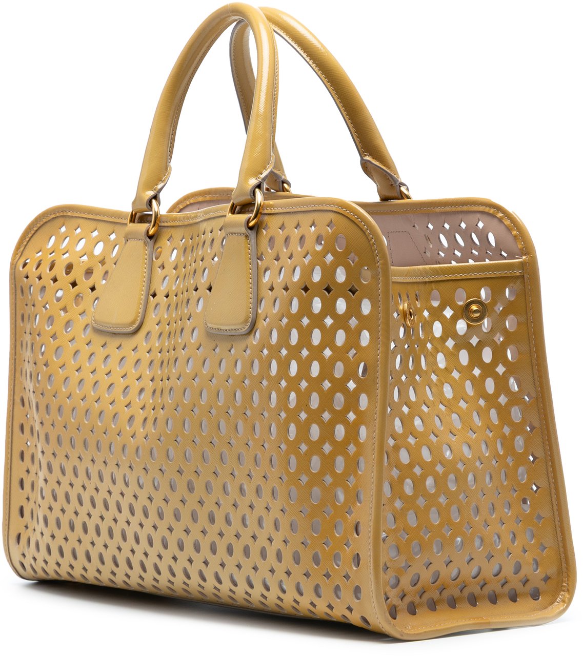 Prada Saffiano Vernice Fori Perforated Tote Geel