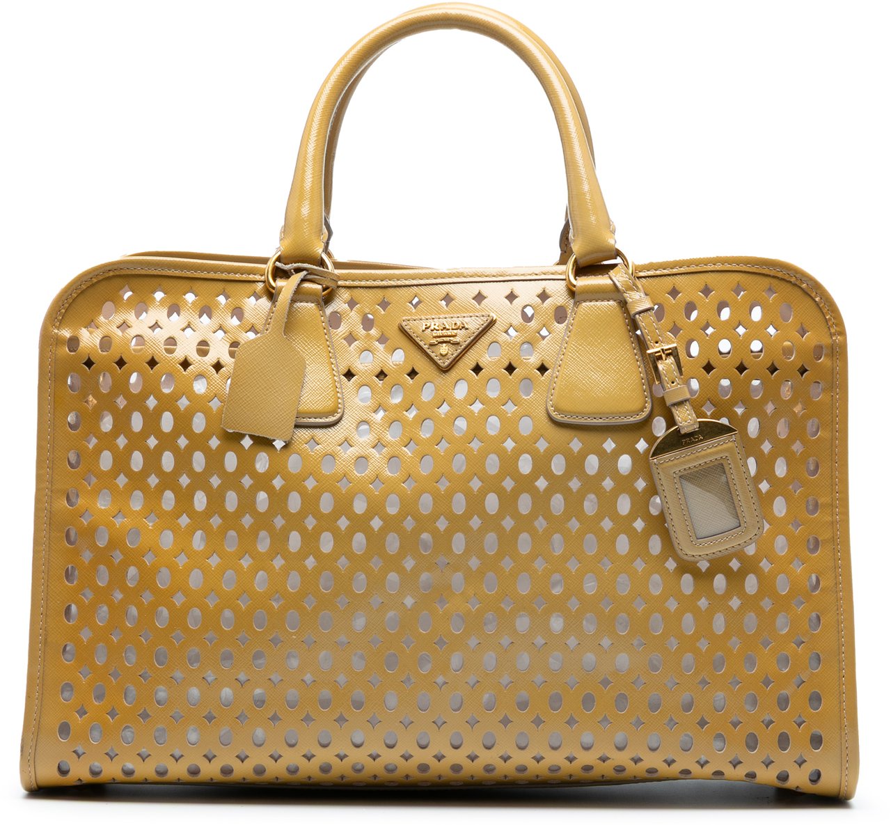 Prada Saffiano Vernice Fori Perforated Tote Geel