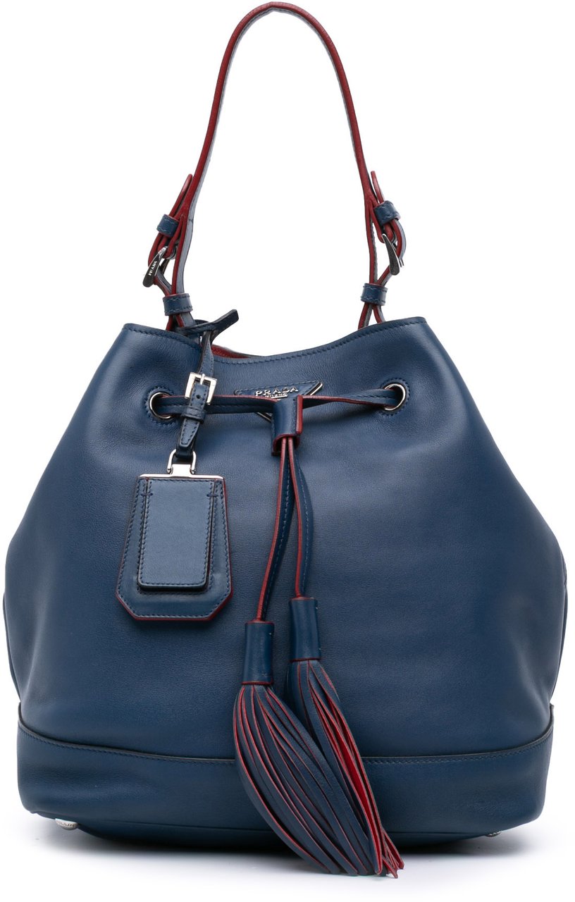 Prada Soft Calf Tassel Convertible Drawstring Bucket Bag Blauw