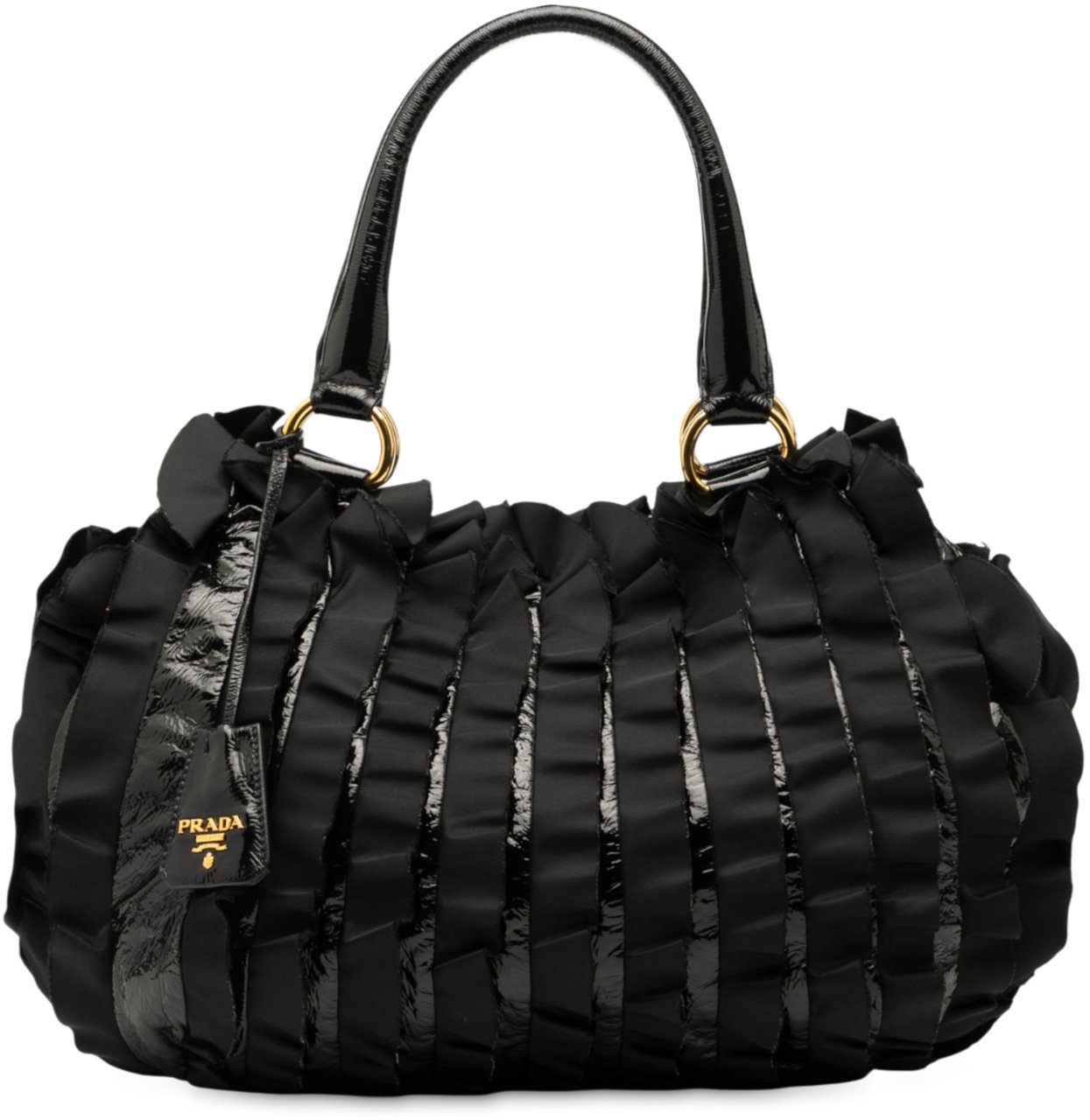 Prada Vernice and Tessuto Ruffle Tote Zwart