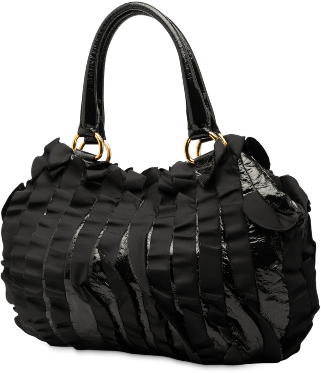 Prada Vernice and Tessuto Ruffle Tote Zwart