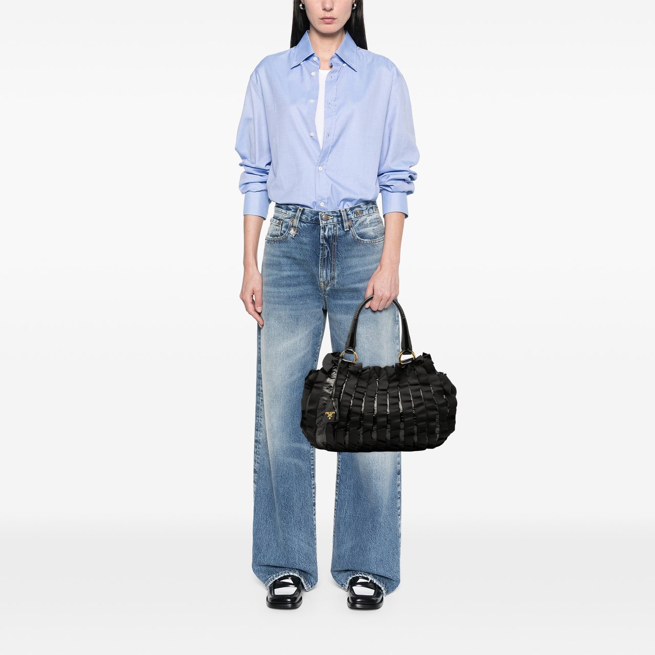 Prada Vernice and Tessuto Ruffle Tote Zwart