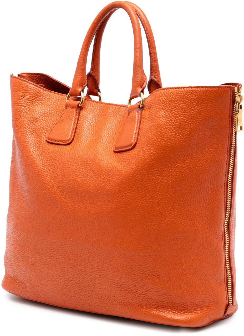 Prada Vitello Daino Side Zip Convertible Tote Oranje