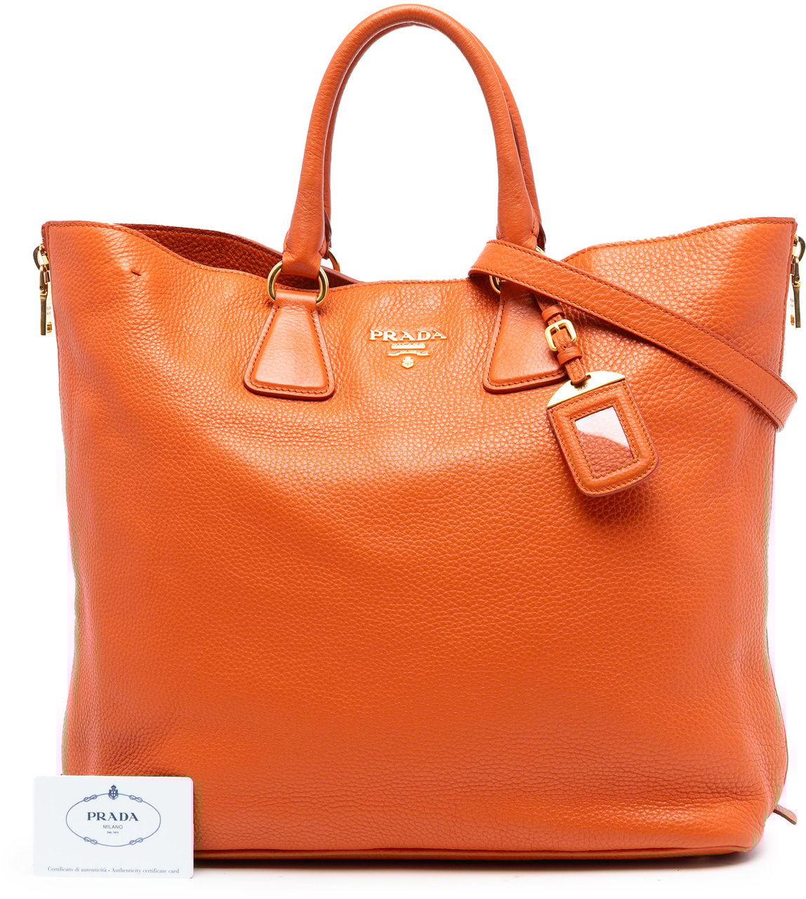 Prada Vitello Daino Side Zip Convertible Tote Oranje