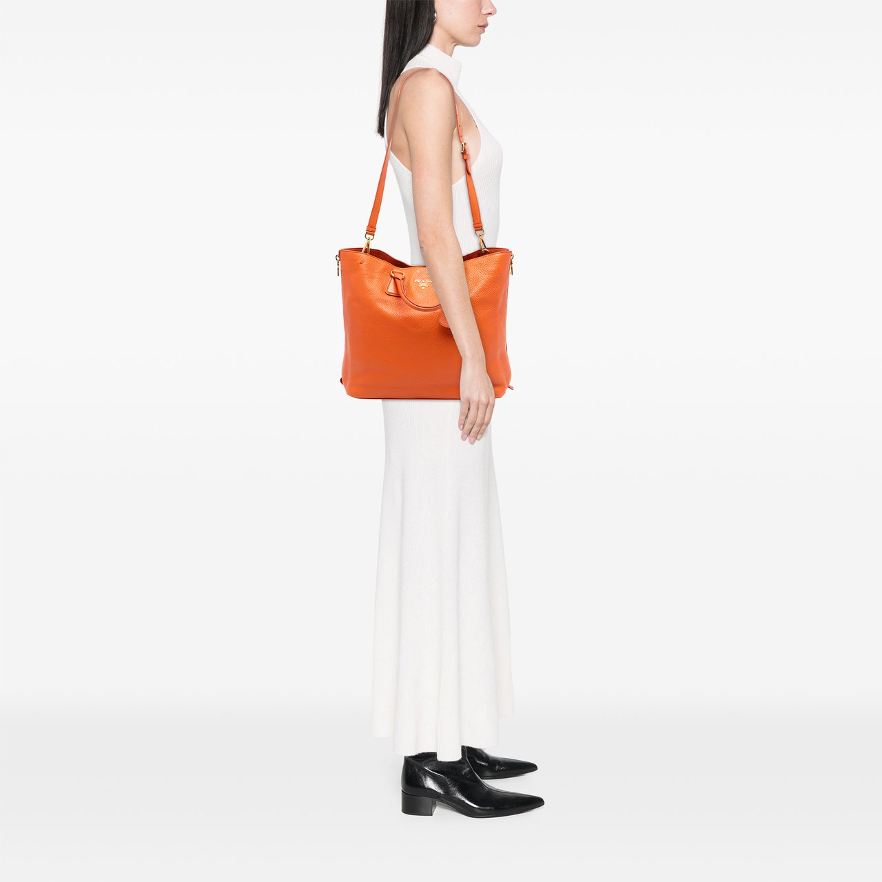 Prada Vitello Daino Side Zip Convertible Tote Oranje