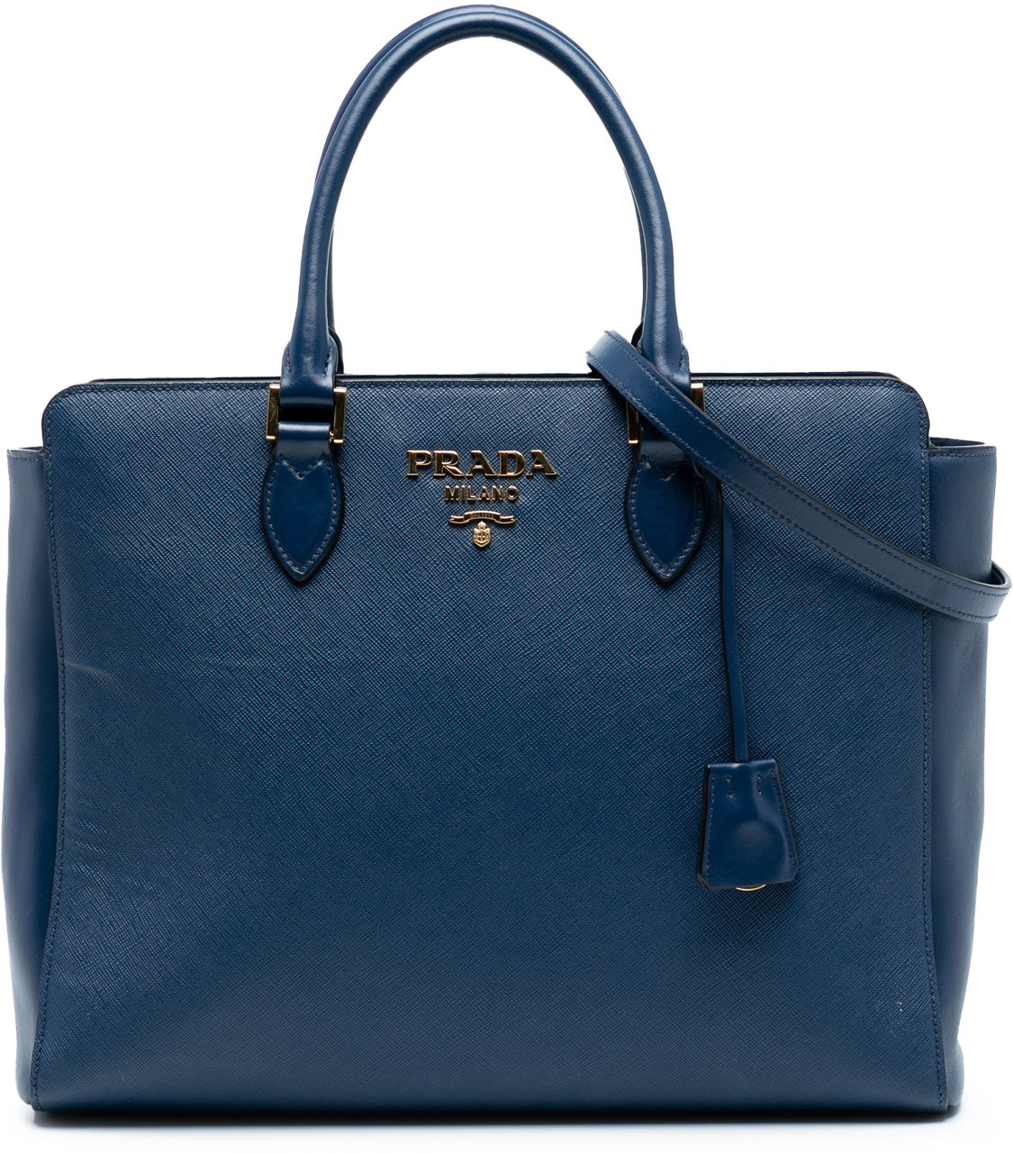 Prada Soft Calf Trimmed Saffiano Zippered Convertible Tote Blauw