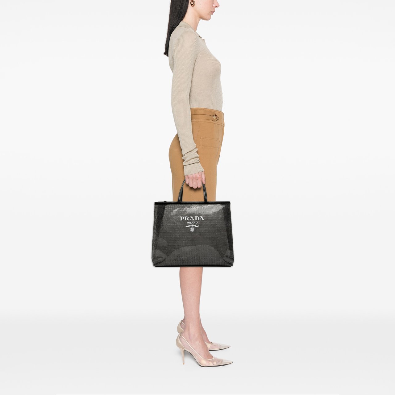Prada Large Sequined Mesh Logo Tote Zwart