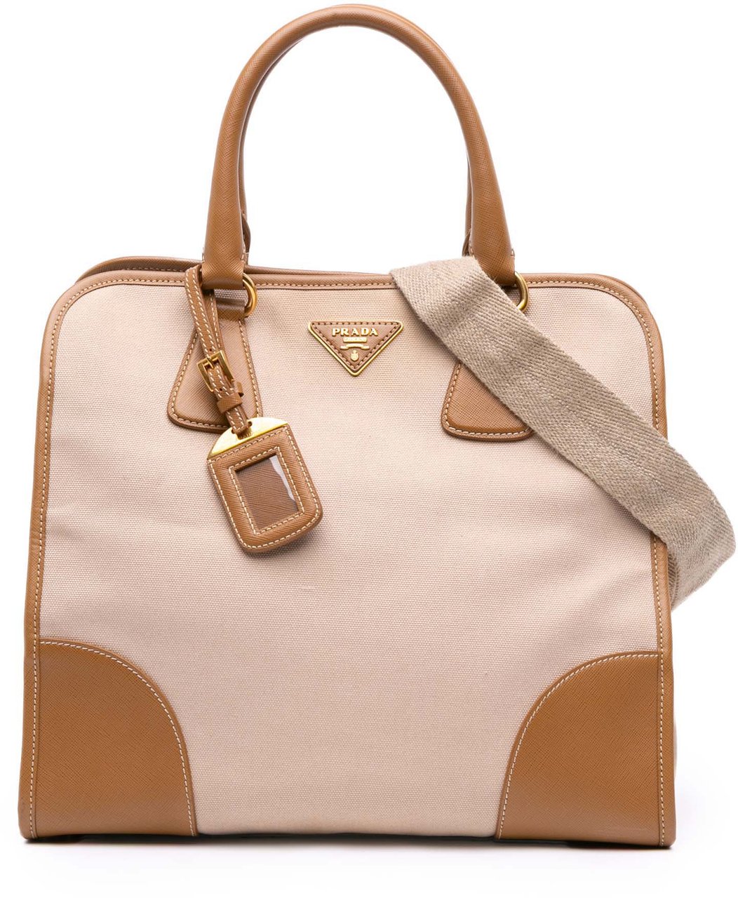 Prada Saffiano Trimmed Canvas Canapa Satchel Bruin