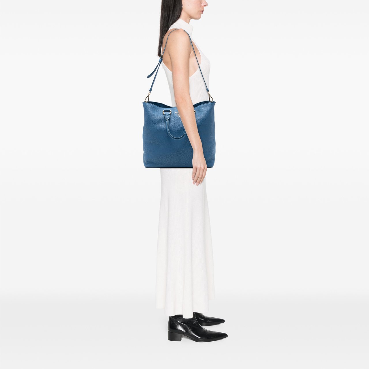 Prada Vitello Daino Open Convertible Tote Blauw