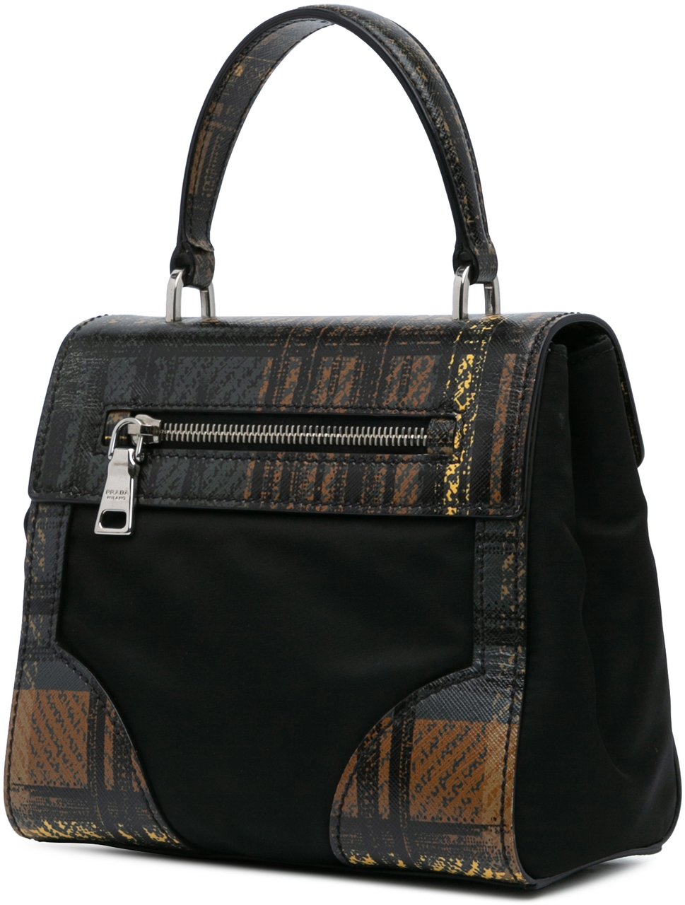 Prada Tartan Saffiano Trimmed Tessuto Satchel Zwart