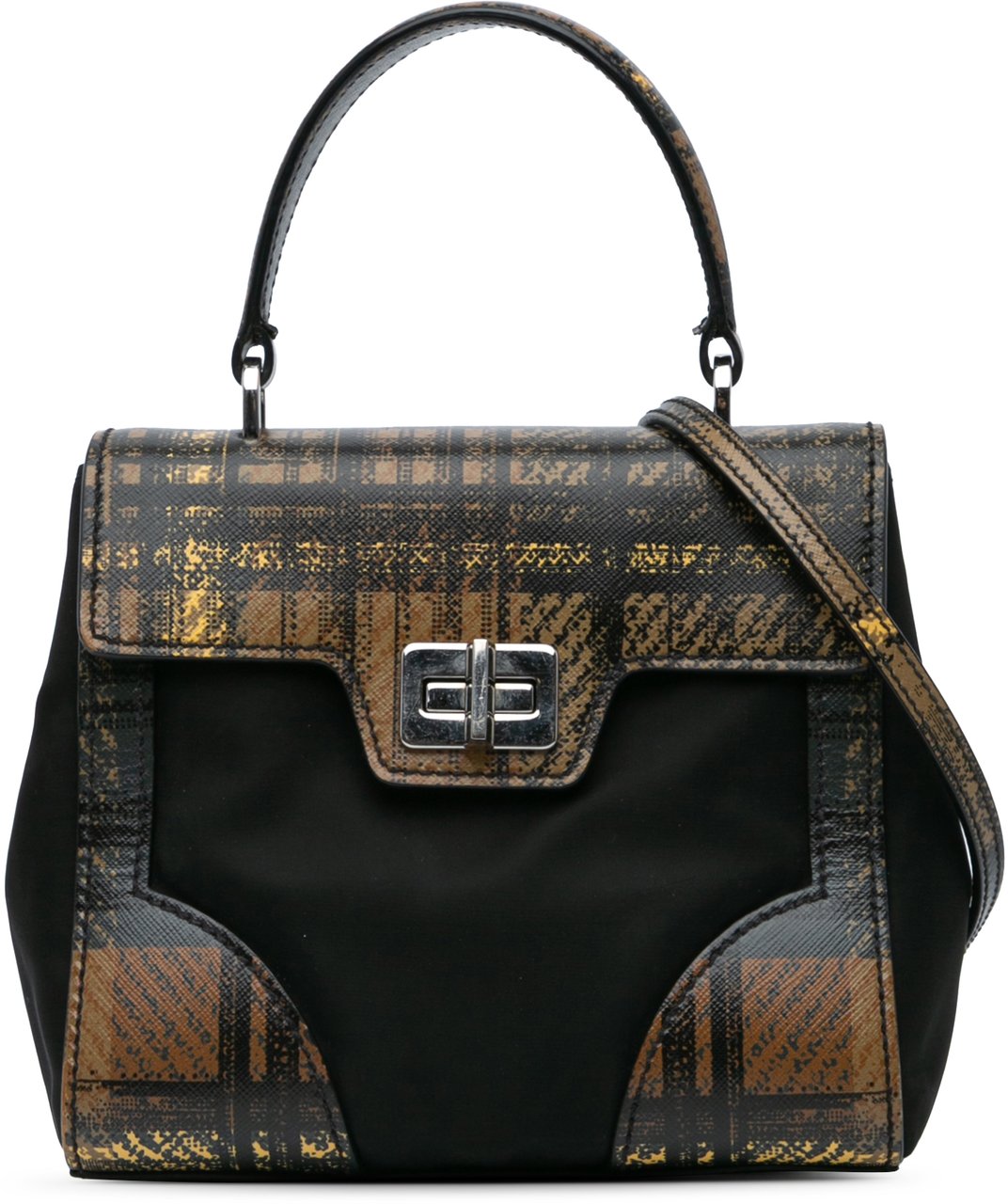 Prada Tartan Saffiano Trimmed Tessuto Satchel Zwart
