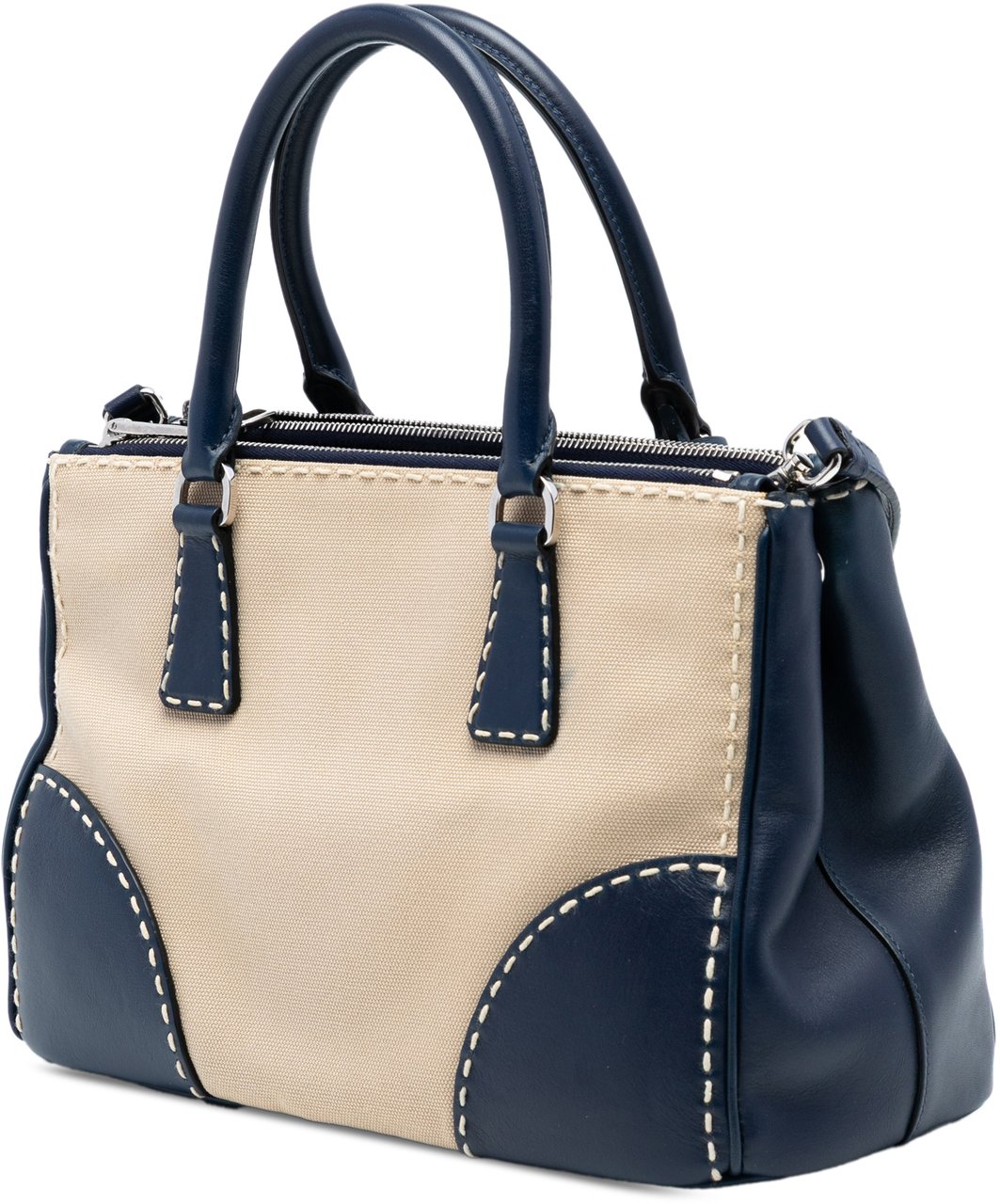 Prada Small Canvas and City Calf Hand Stitched Galleria Double Zip Satchel Bruin