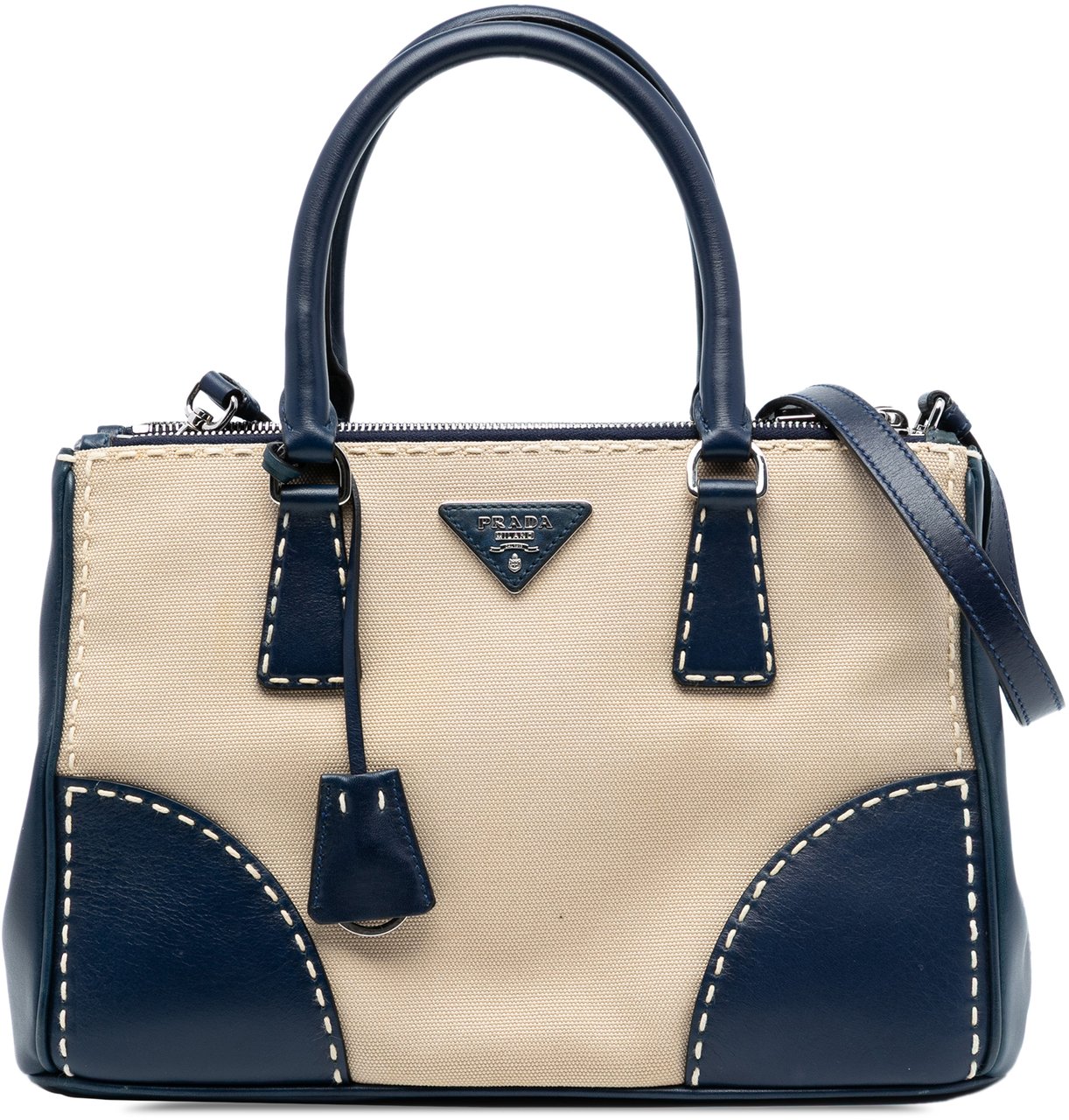 Prada Small Canvas and City Calf Hand Stitched Galleria Double Zip Satchel Bruin