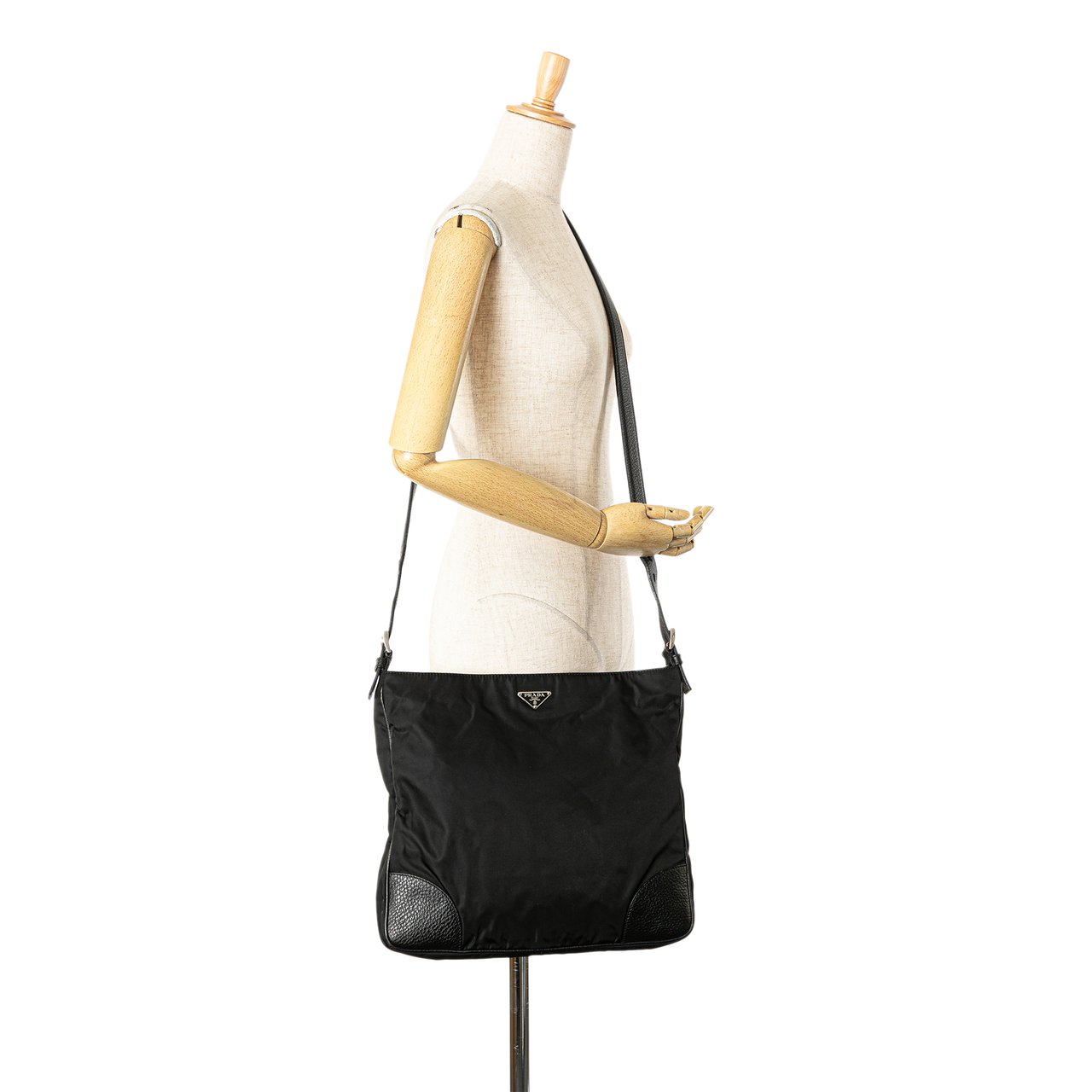 Prada Vitello Daino Trimmed Tessuto Zip Top Crossbody Zwart