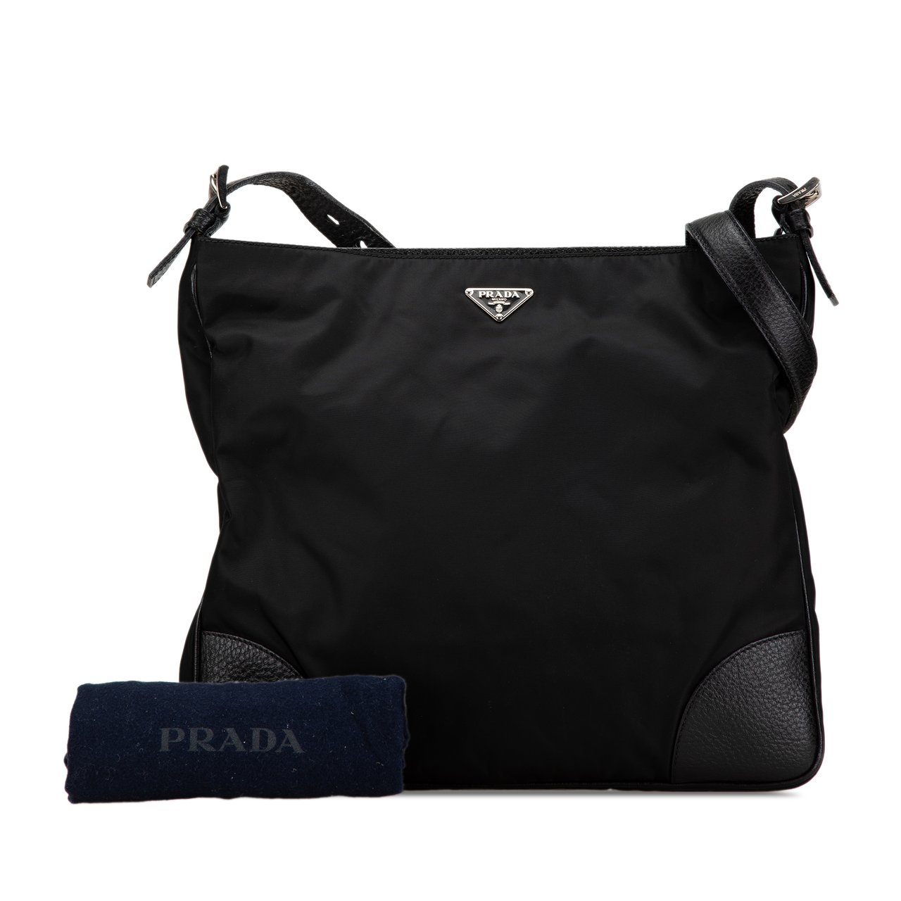 Prada Vitello Daino Trimmed Tessuto Zip Top Crossbody Zwart