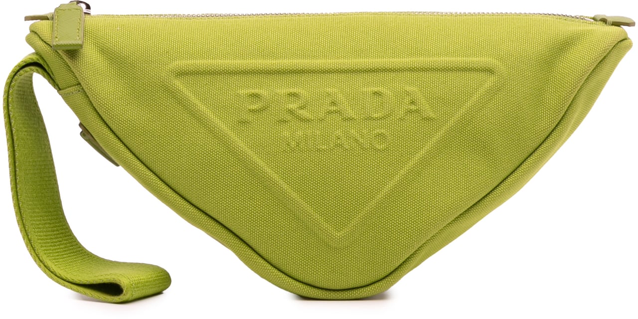 Prada Canvas Canapa Triangle Logo Wristlet Clutch Groen