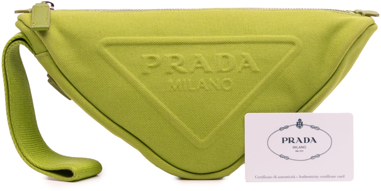 Prada Canvas Canapa Triangle Logo Wristlet Clutch Groen