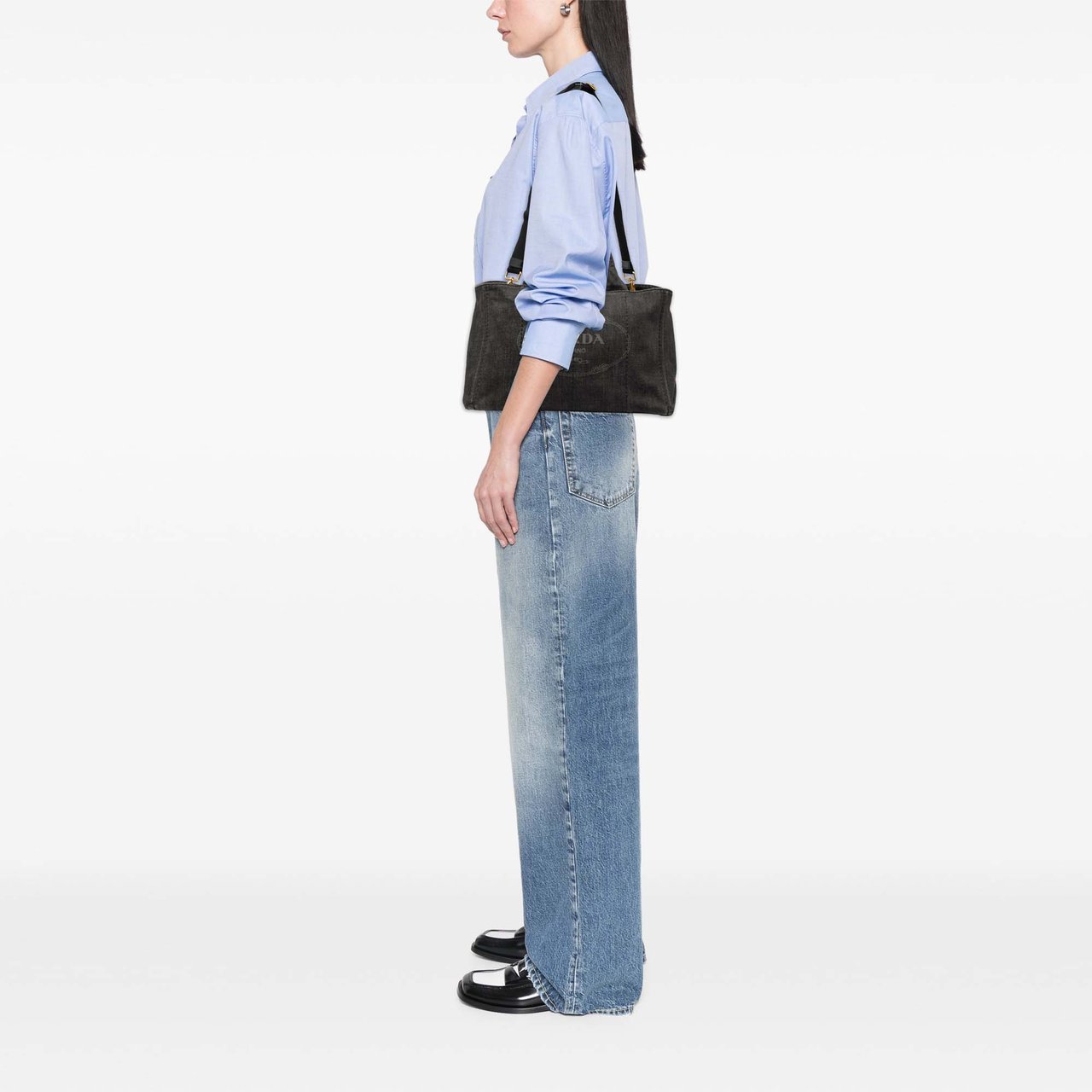 Prada Denim Canapa Logo Satchel Zwart