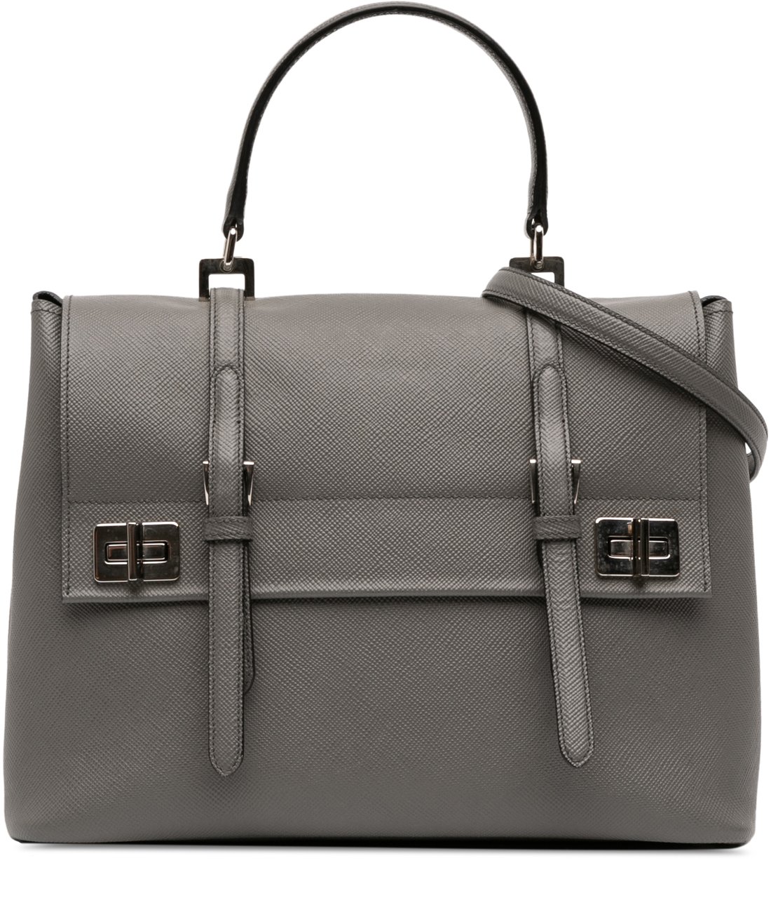Prada Saffiano Cuir Double Turnlock Satchel Grijs