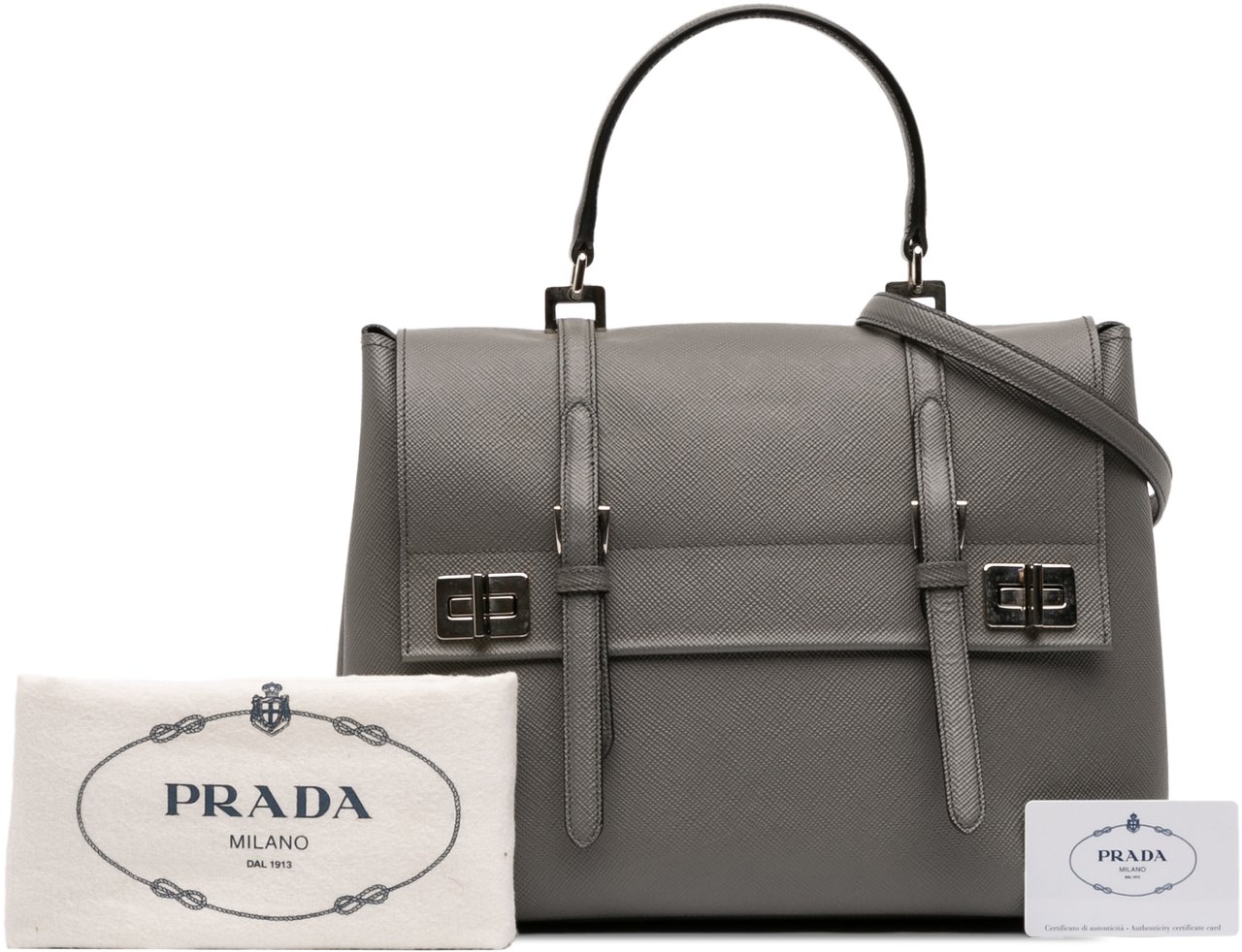 Prada Saffiano Cuir Double Turnlock Satchel Grijs