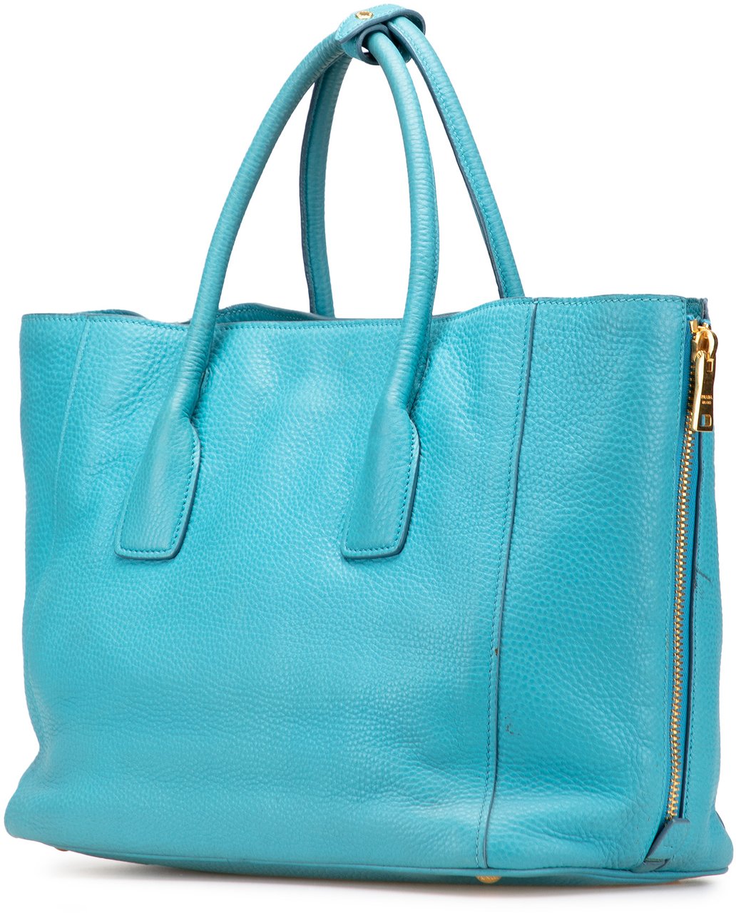 Prada Vitello Daino Side Zip Twin Pocket Open Convertible Tote Blauw