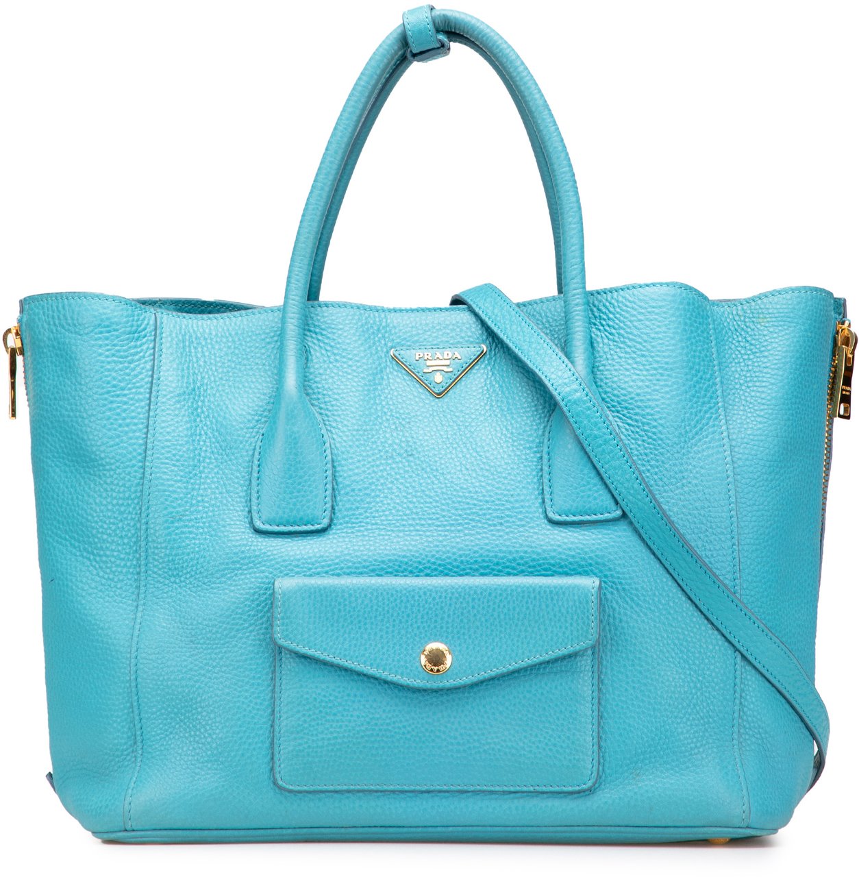 Prada Vitello Daino Side Zip Twin Pocket Open Convertible Tote Blauw