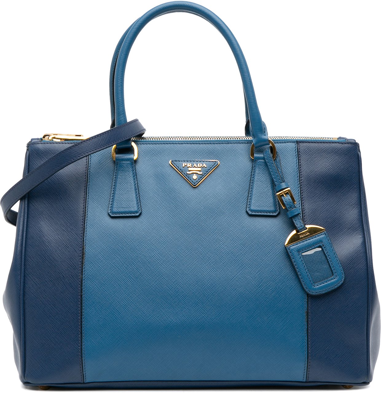 Prada Medium Bicolor Saffiano Lux Galleria Double Zip Satchel Blauw