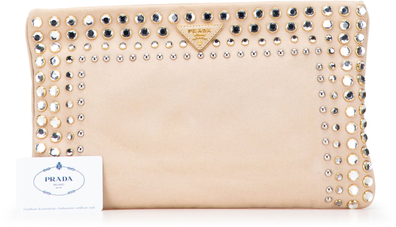 Prada Canvas Canapa Studded Vernice Clutch Bruin