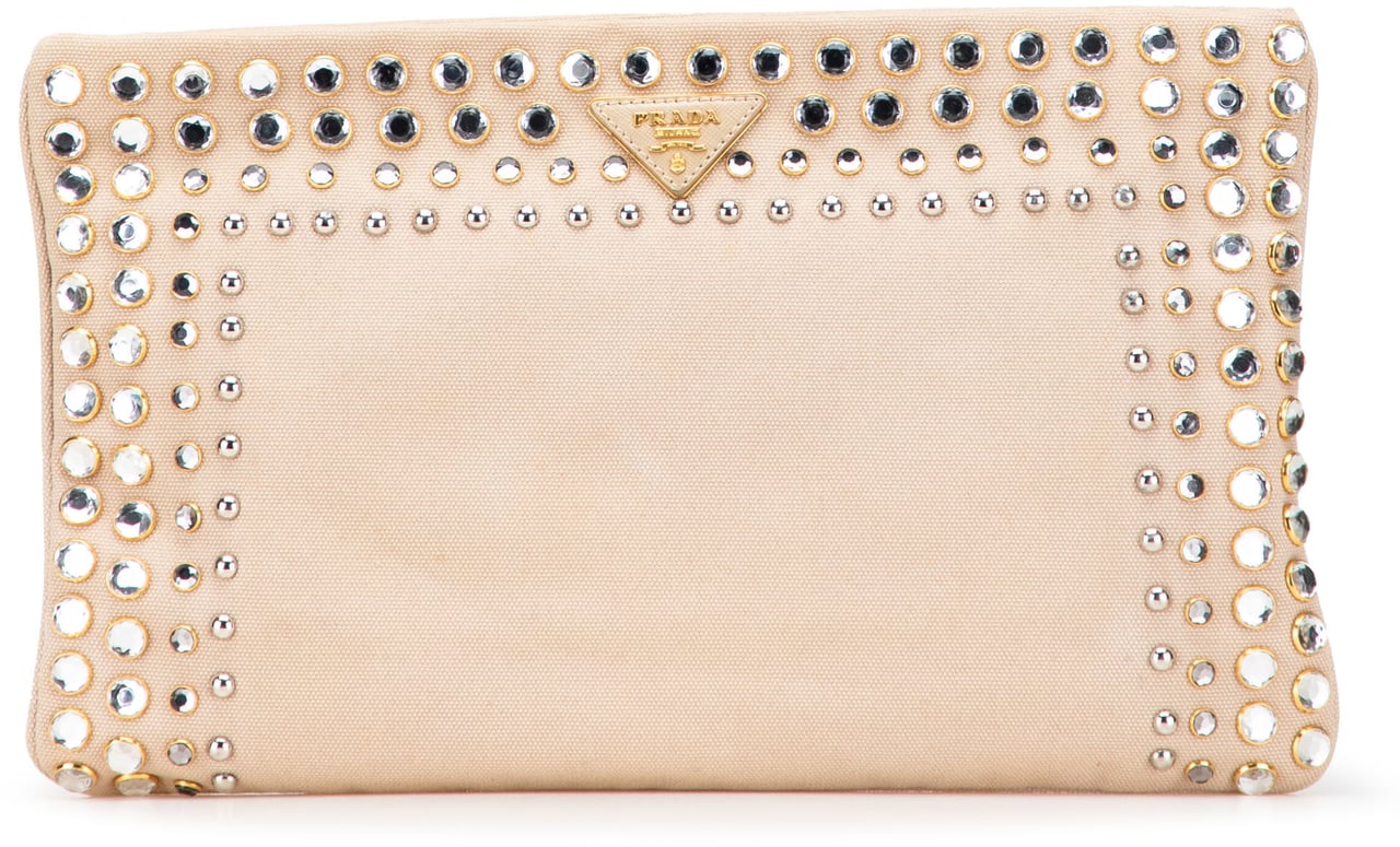 Prada Canvas Canapa Studded Vernice Clutch Bruin
