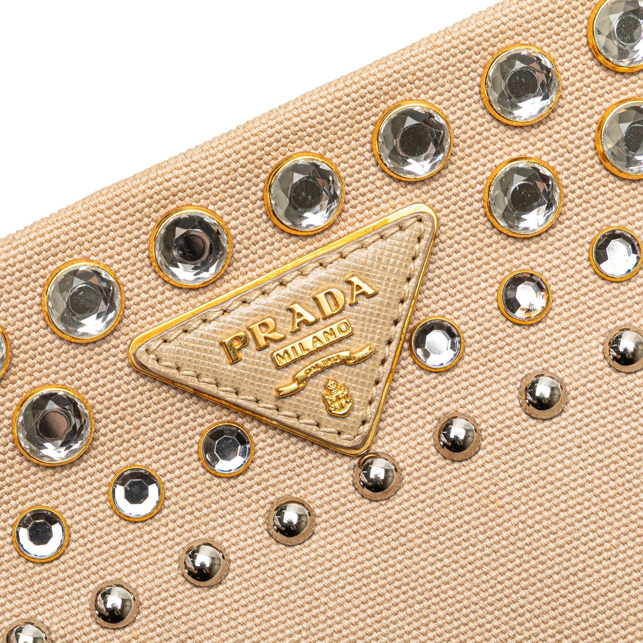 Prada Canvas Canapa Studded Vernice Clutch Bruin