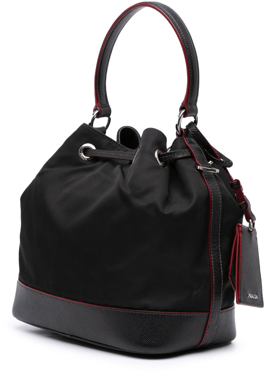 Prada Saffiano Trimmed Tessuto Bucket Bag Zwart