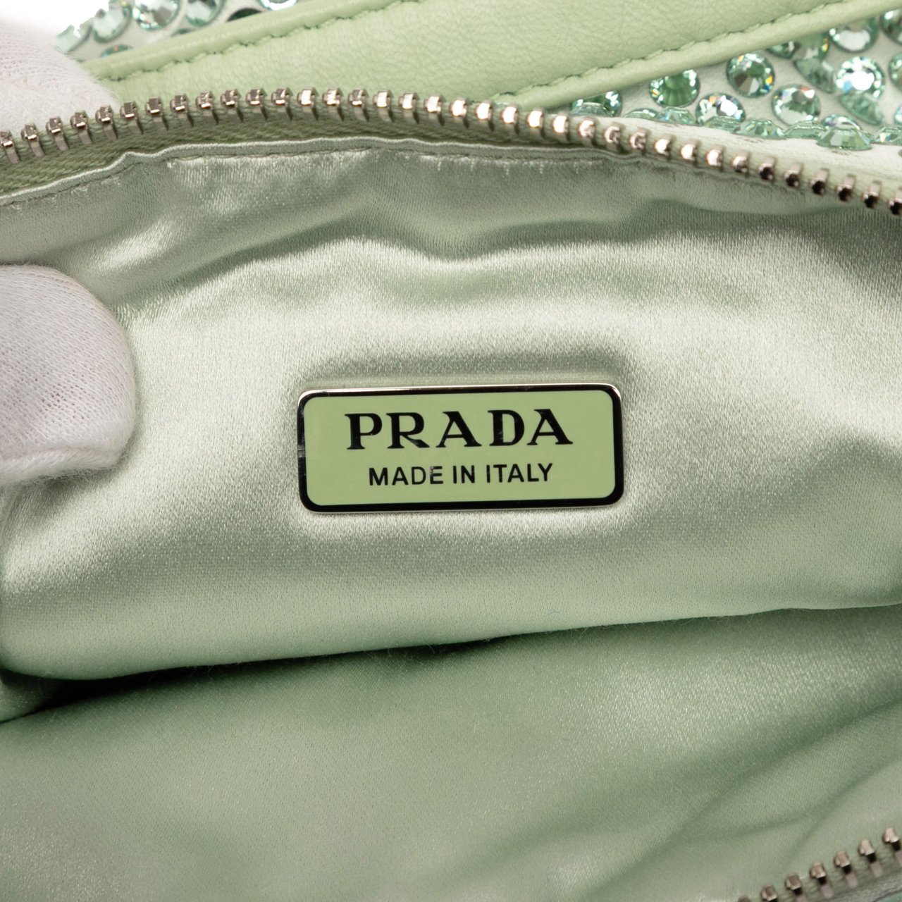 Prada Satin Crystal Embellished Triangle Pouch Groen
