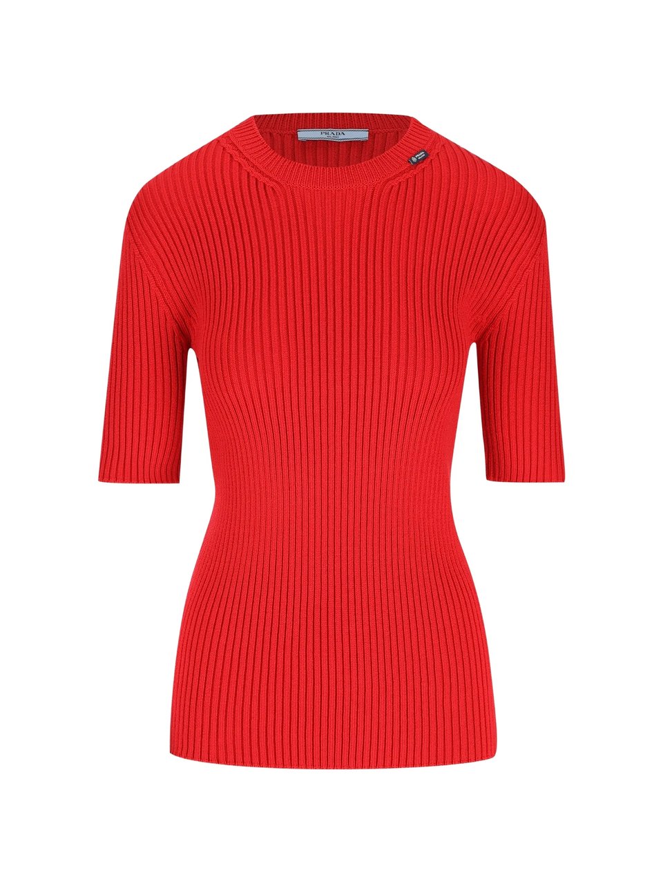 Prada Fitted Ribbed Top With Round Neckline And Subtle Branding Rood